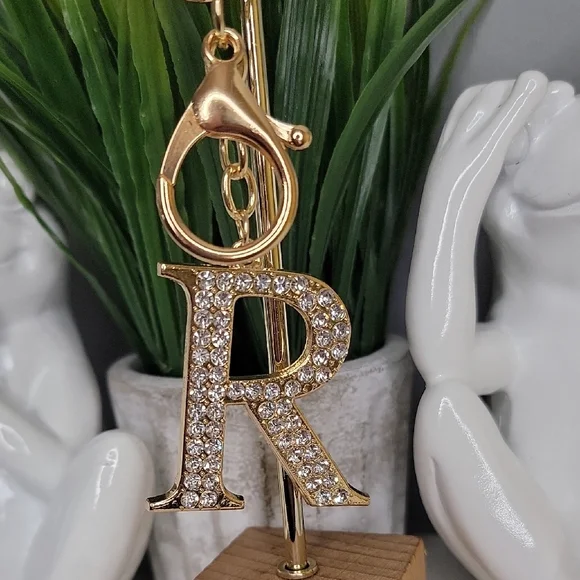 Letter R Initial R Alphabet R Rhinestone Gold Key Chain Bag Charm - Picture 2 of 7